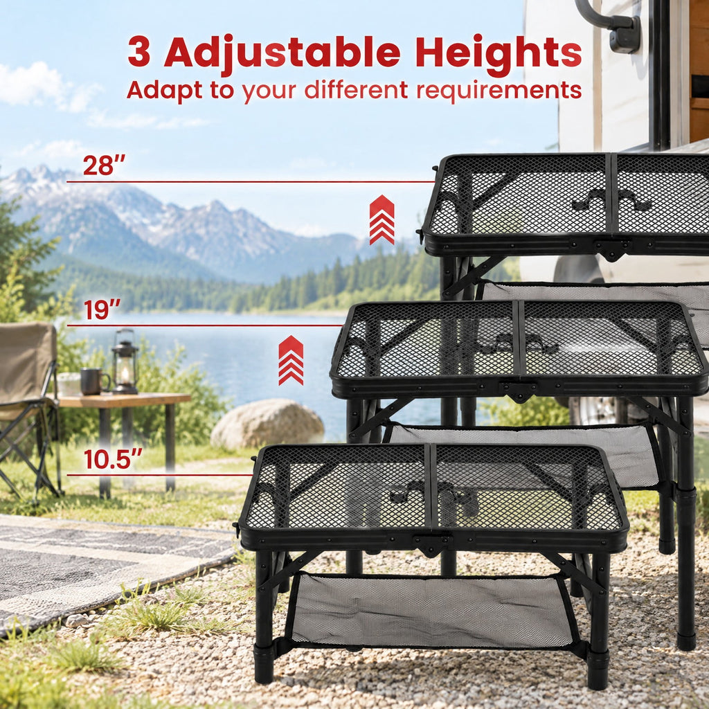 Airfind 3-Height Folding Picnic Table with Large Storage Net and Handle, 90 lbs Capacity, Aluminum Metal Nylon PP EVA Frame, Black