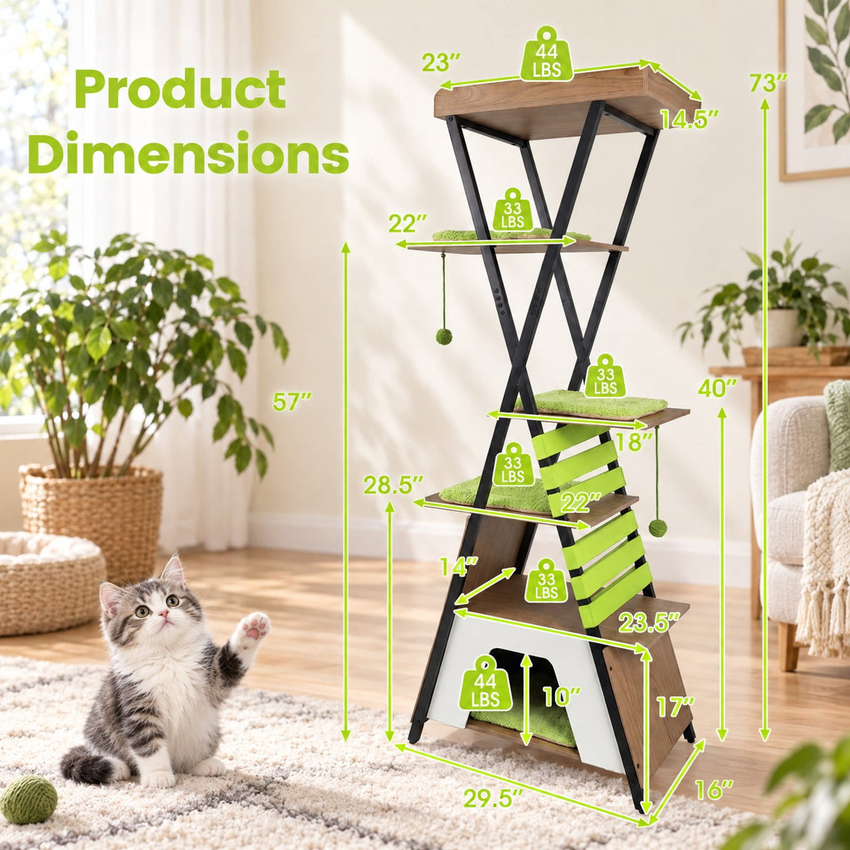 Airfind 73 Inch Multi-level Cat Tree for Indoor Cats with Elevated Perch and Large Condo, 44 lbs Capacity, Engineered Wood Frame, Green