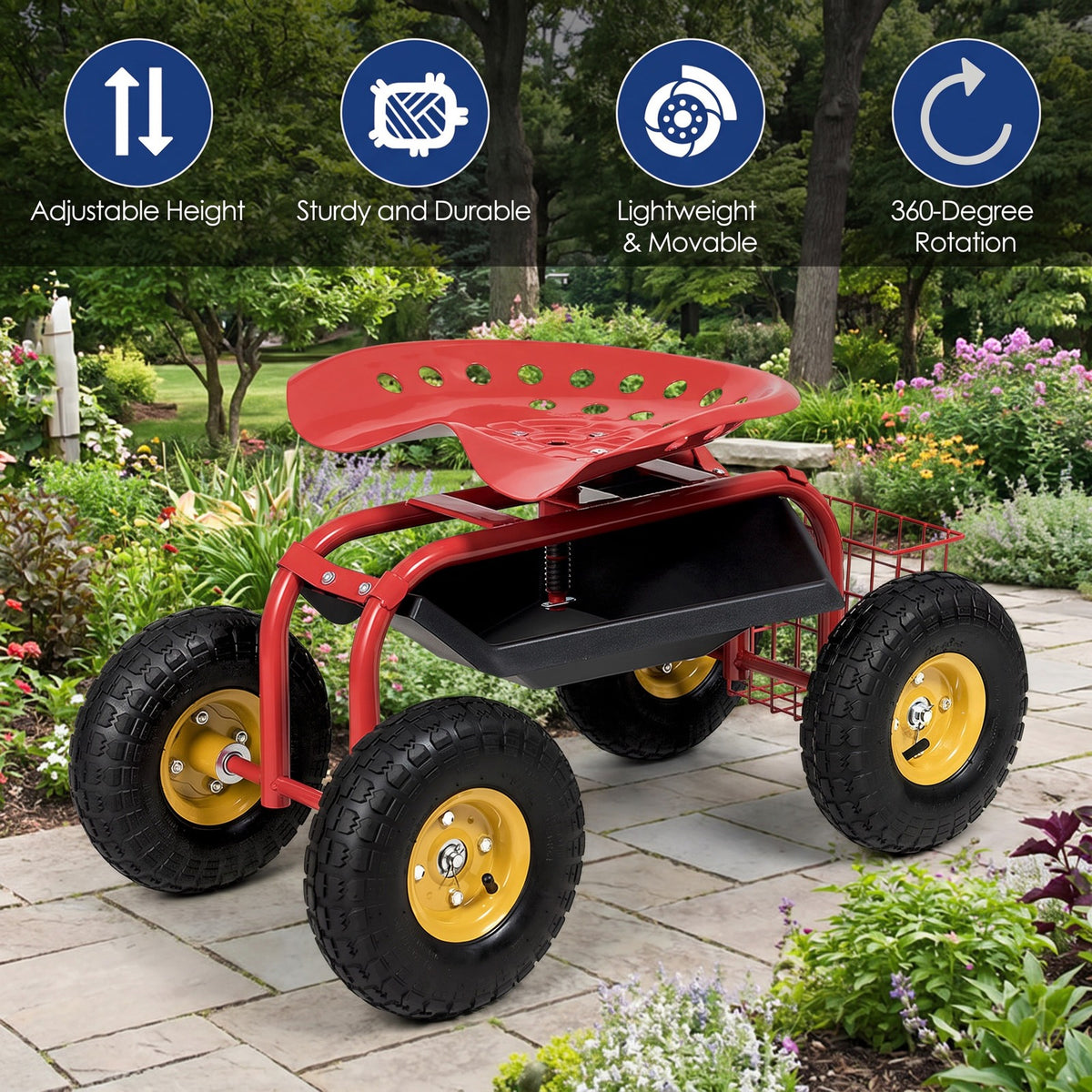 Airfind Red/Green Garden Cart Rolling Work Seat With Heavy Duty Tool Tray Gardening Planting, 33 x 16 x 22 Footprint, Red