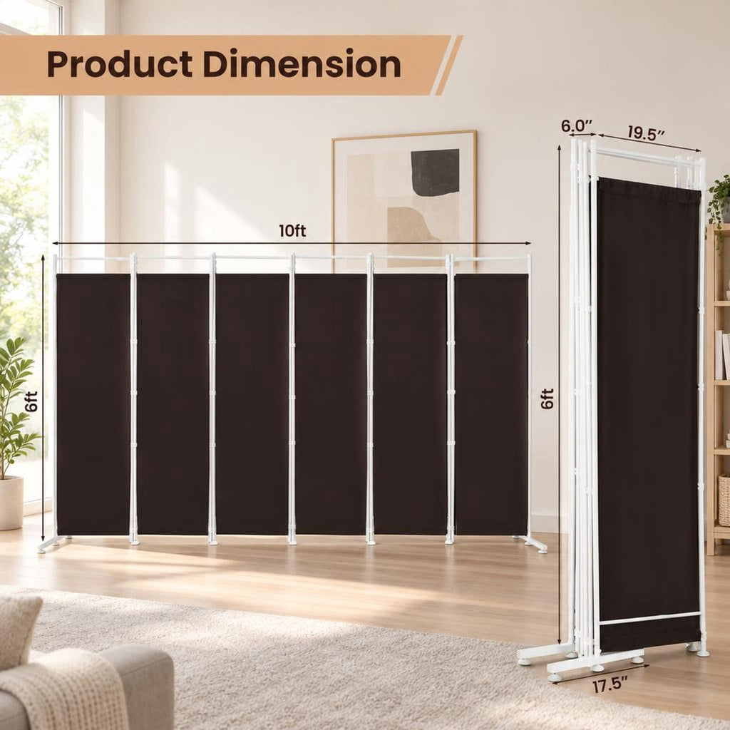 Airfind Room Divider, 6-Panel, Folding Privacy Screen, polyester steel Opening Frame, 10 FT x 6 FT Footprint with Functional Design, Brown