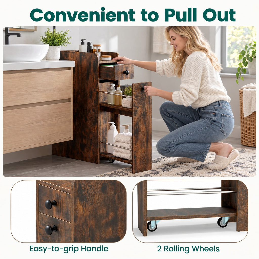 Airfind Bathroom Storage Cabinet, Small, 4-Tier with Slide Out Drawers on Casters, 66 lbs Capacity, MDF Frame, 16 Inch x 7 Inch x 27.5 Inch Drawer, Brown
