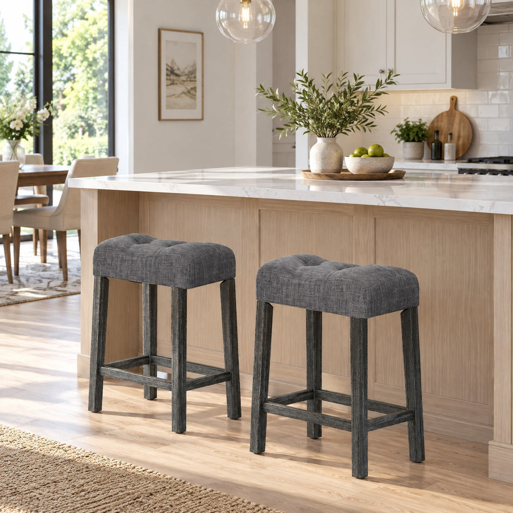 Airfind 24 Inch Set of 2 Saddle Bar Stools with Padded Seat, 350 lbs Capacity, Linen Fabric Sponge Rubber Wood MDF Frame, Gray