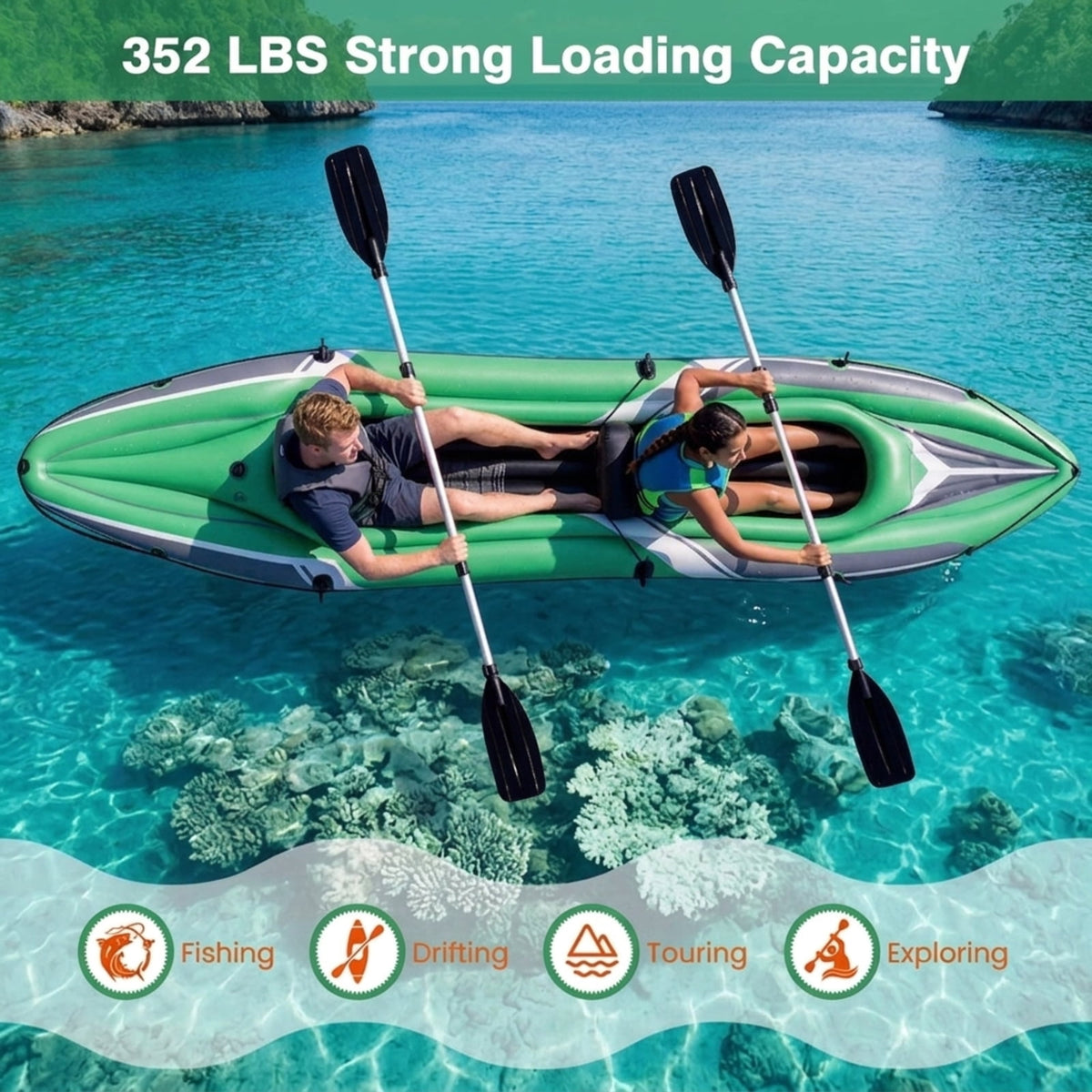 Airfind 11.5 Foot Inflatable Kayak 2 Person Tandem Boat with Aluminum Paddles for Adults Fishing Drifting and Touring on Calm Water, Green