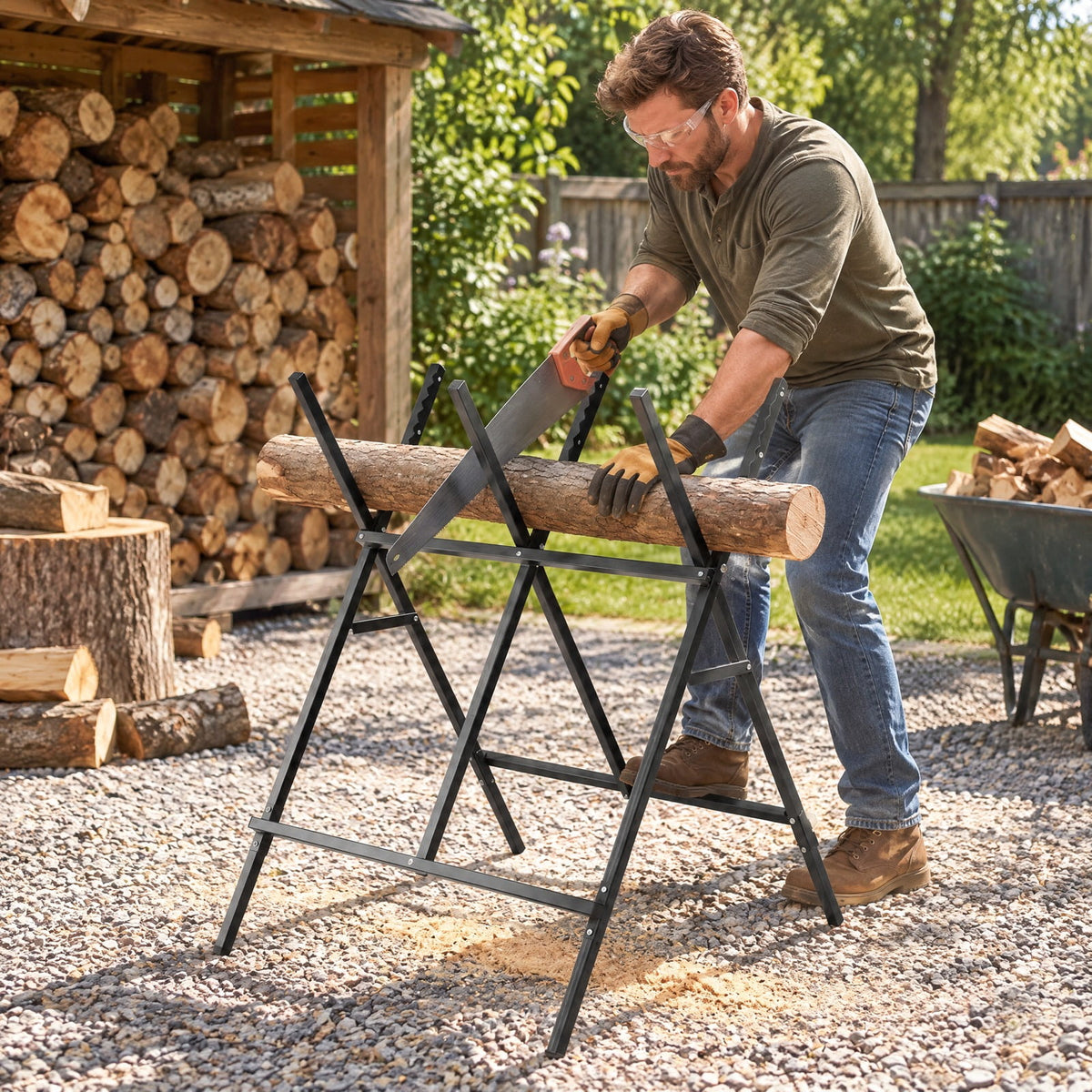 Airfind Folding Log Saw Horse with Anti-Slip Sawteeth and Non-Slip Foot Pads Heavy Duty, 220 lbs Capacity, Metal Frame, Black