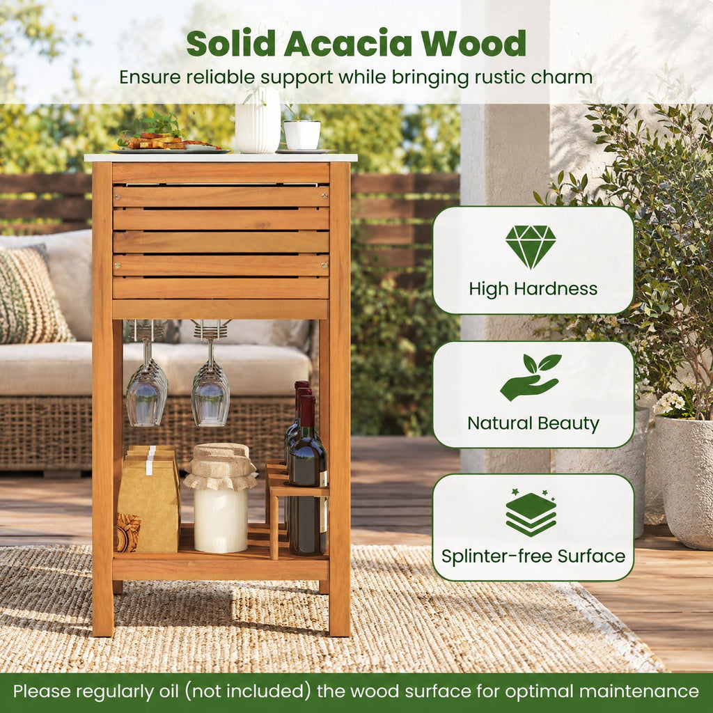 Airfind Patio Acacia Wood Storage Cabinet Patio Buffet Cabinet Bar Table with Faux Marble Countertop, 165 lbs Capacity, Acacia Wood Resin Frame
