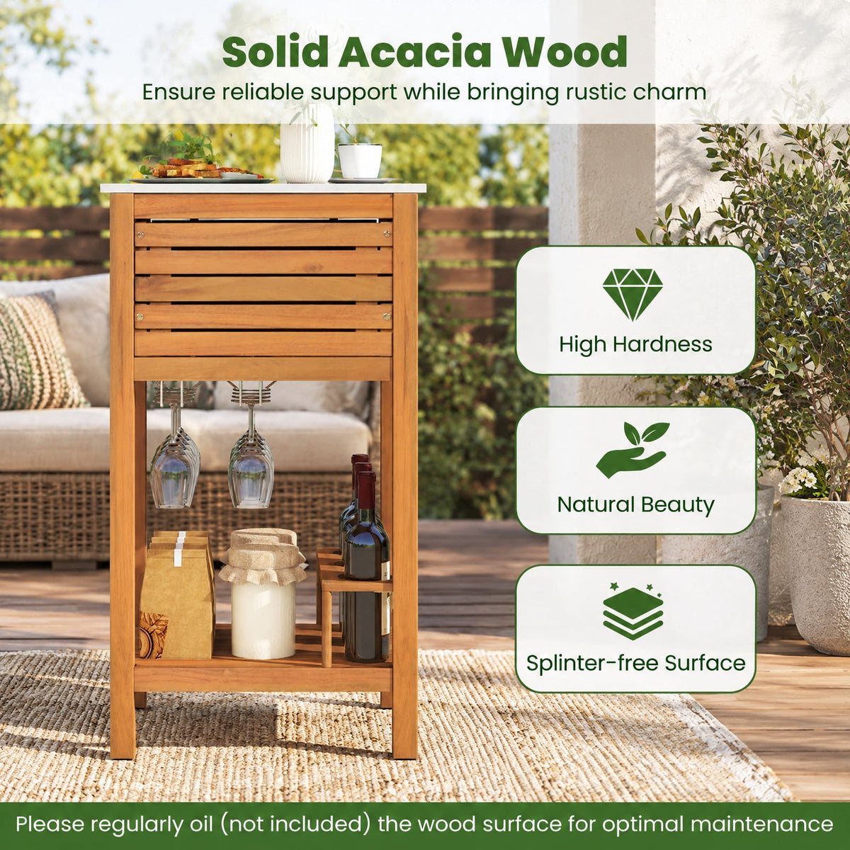 Airfind Patio Acacia Wood Storage Cabinet Patio Buffet Cabinet Bar Table with Faux Marble Countertop, 165 lbs Capacity, Acacia Wood Resin Frame