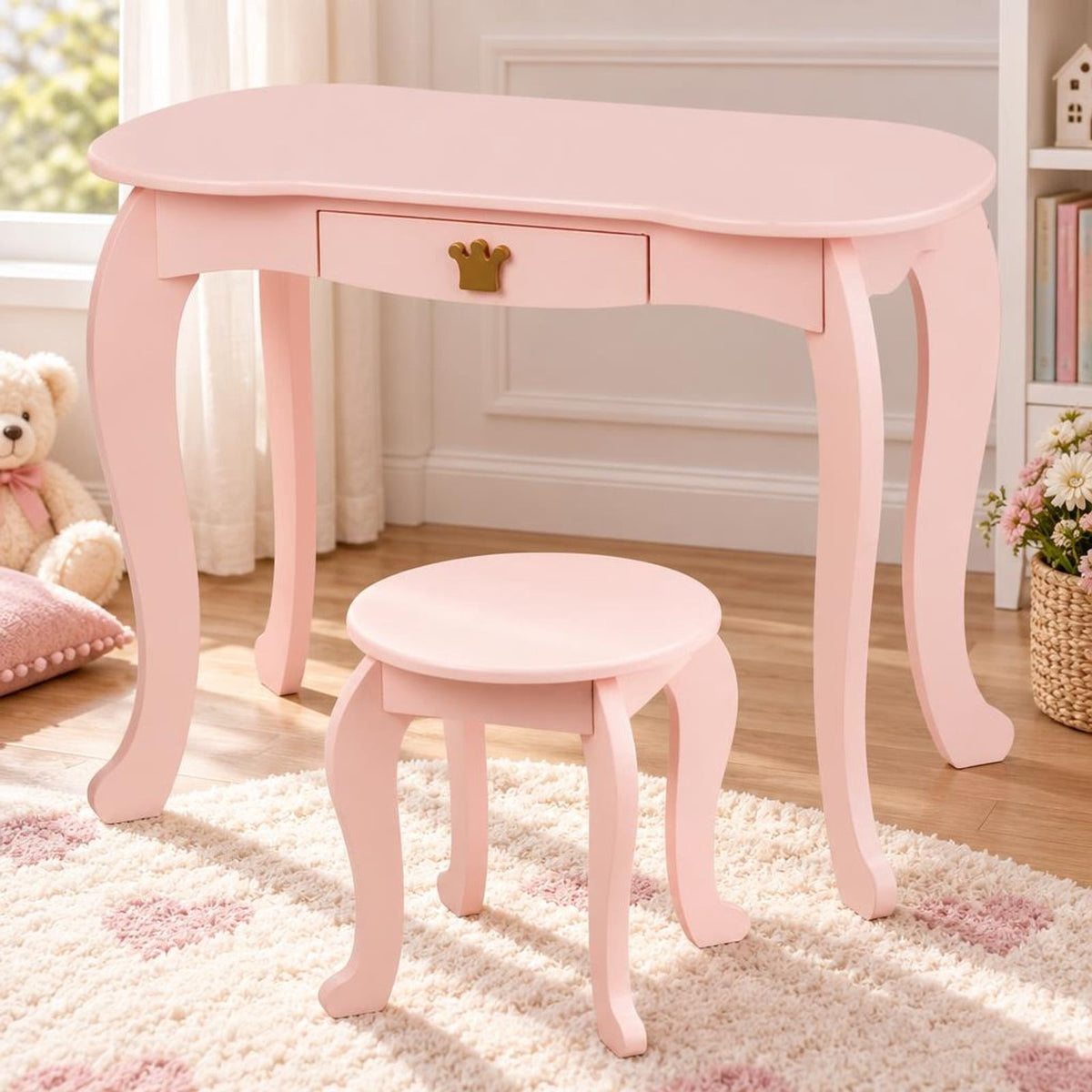 Airfind Kids Makeup Dressing Table with Tri-folding Mirror and Stool, 33 lbs Capacity, MDF pine Frame, 31.5in x 16.5in x 41.5in Footprint, Pink