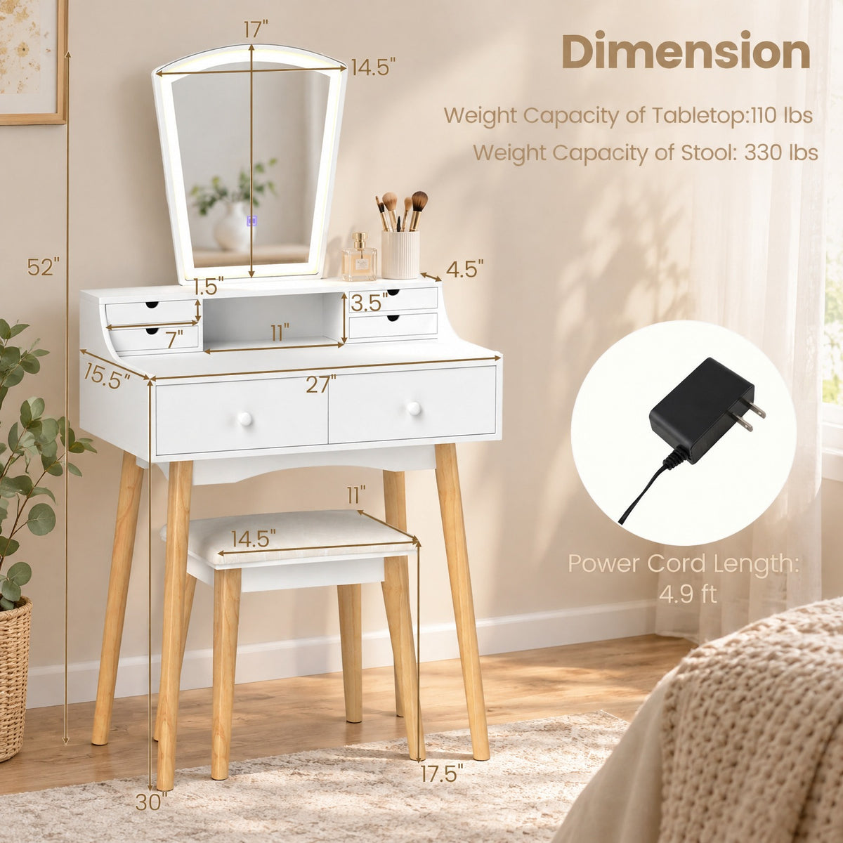 Airfind Vanity Desk Set with 3-Color Adjustable LED Lighted Mirror and Drawers, 110 lbs Capacity, P2 MDF Frame, 27in x 15.5in x 52in Footprint, White