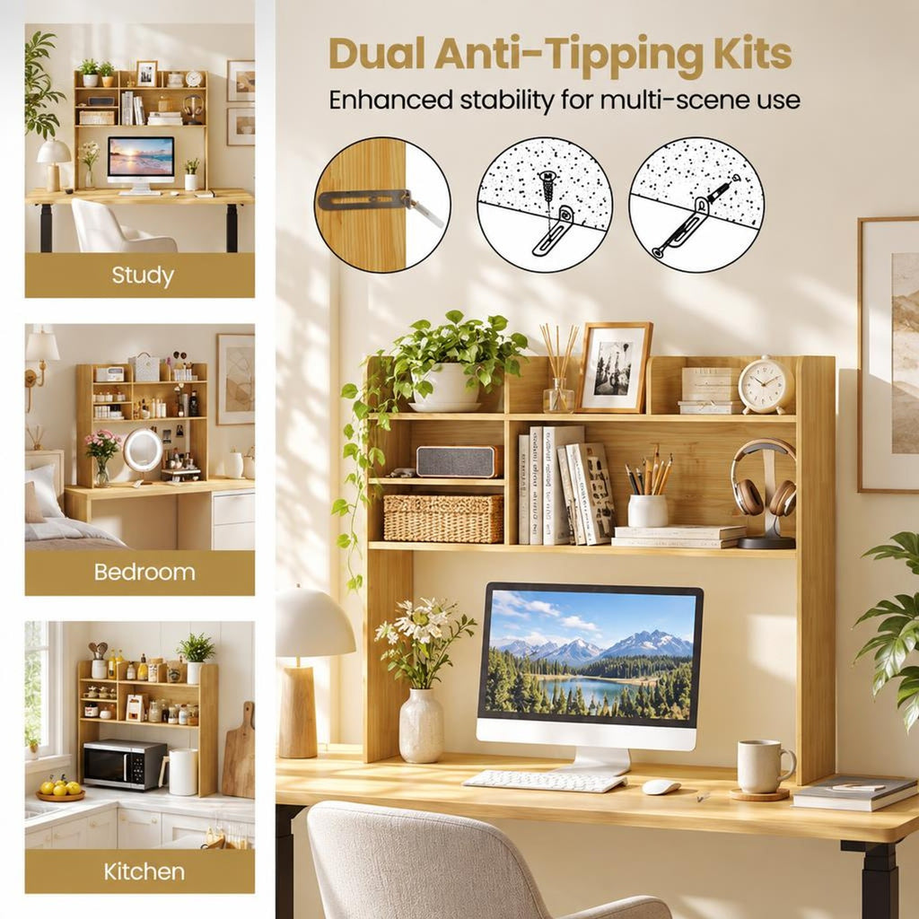 Airfind Desktop Bookshelf Countertop Storage Hutch with 6 Shelves, of Top Tier 66 lbs Capacity, Engineered Wood MDF Frame, Beige