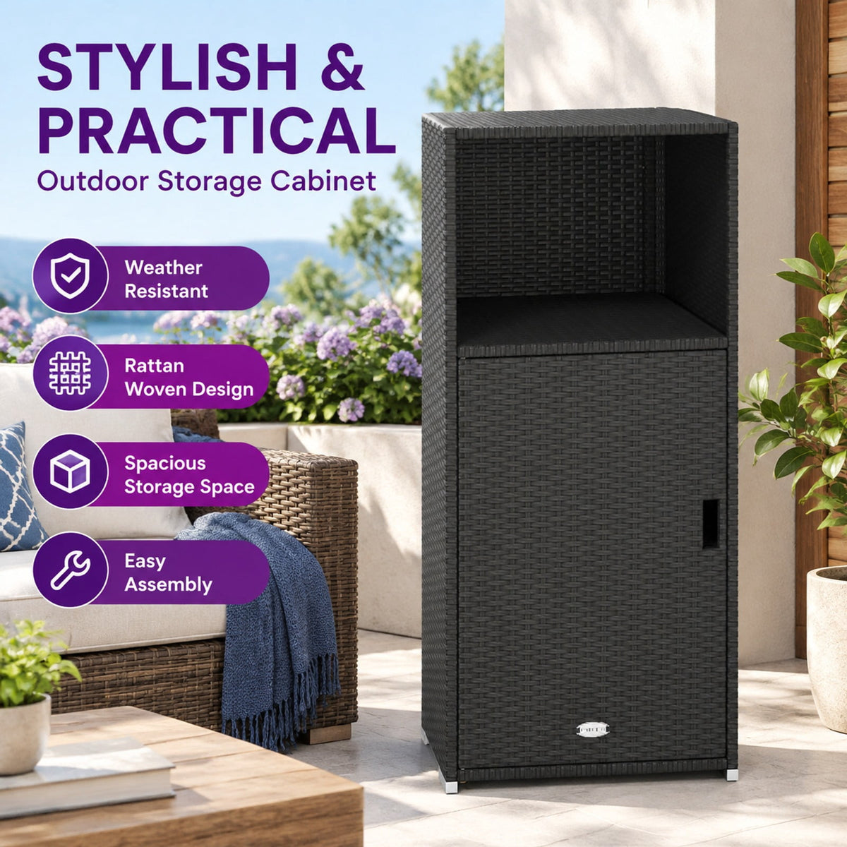 Airfind Outdoor PE Wicker Storage Cabinet with Door and Open Compartment for Patio, Shelf 66 lbs Capacity, PE Rattan Metal Frame, Black