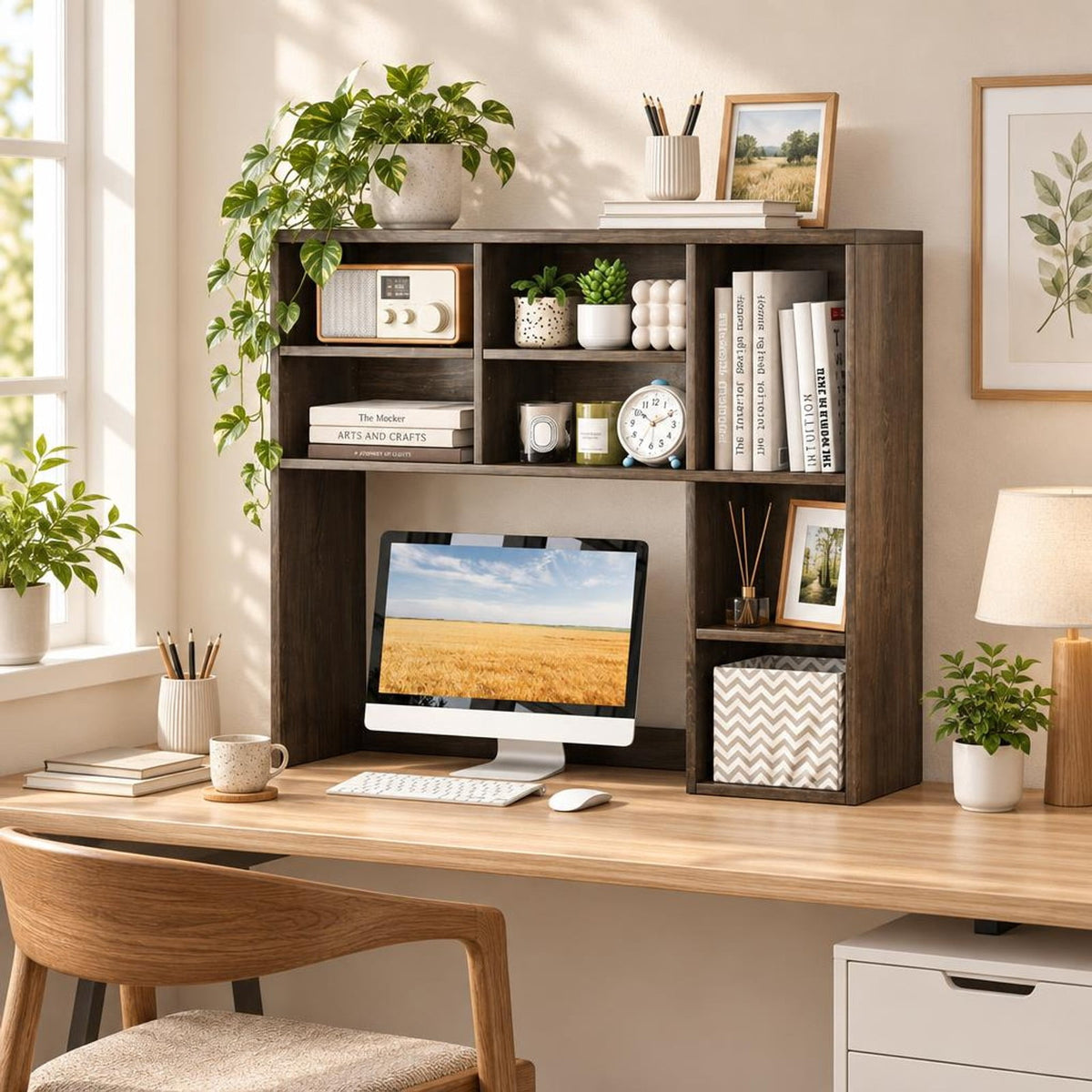 Airfind Desktop Bookshelf with 7 Open Cubbies and 3 Adjustable Shelves, 210 lbs Capacity, Engineered Wood MDF Frame, 37in x 10in x 31in Footprint