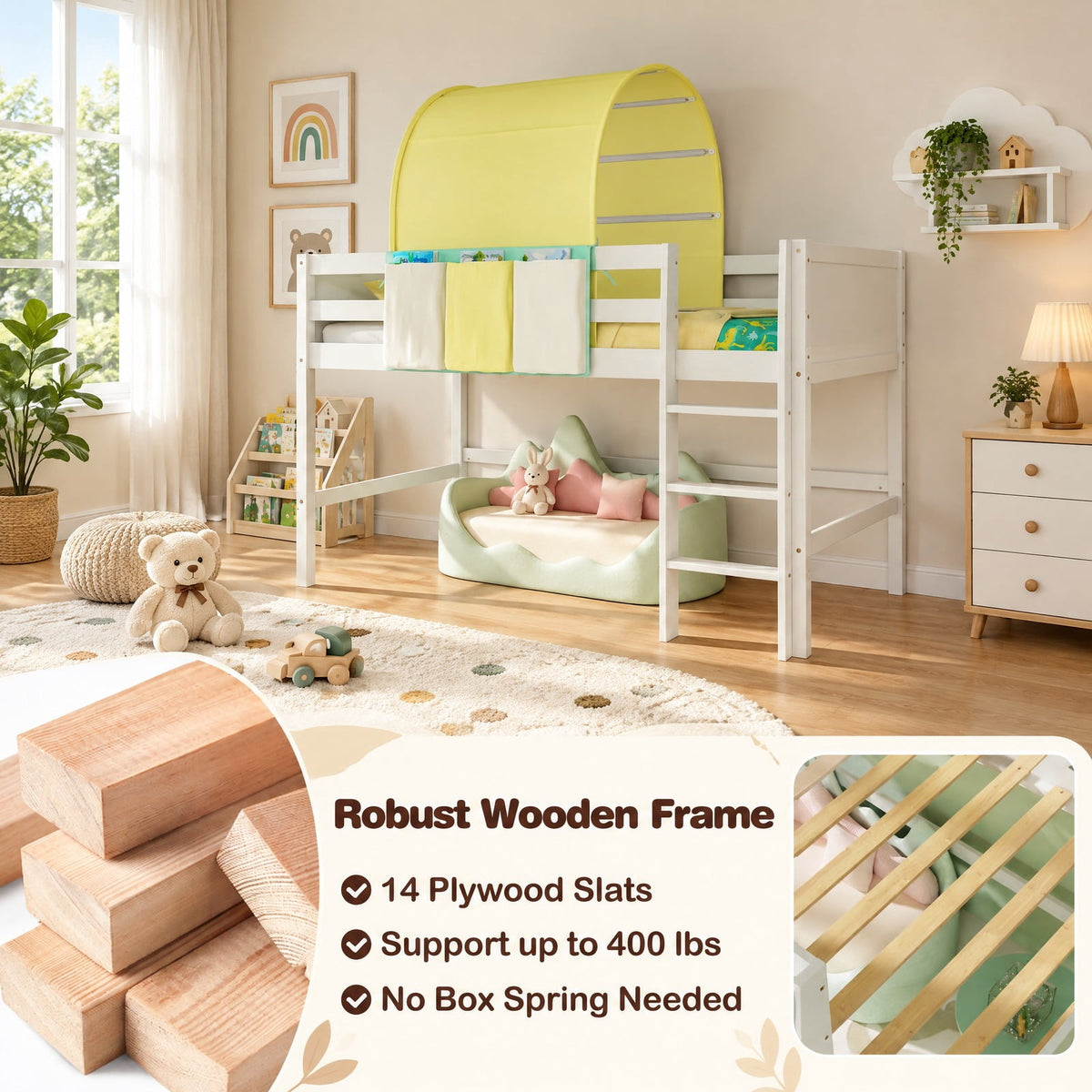 Airfind Twin Size Loft Bed Playhouse Bed Frame with Tower Tent and 3 Storage Pockets, of Bed 400 lbsMax Capacity