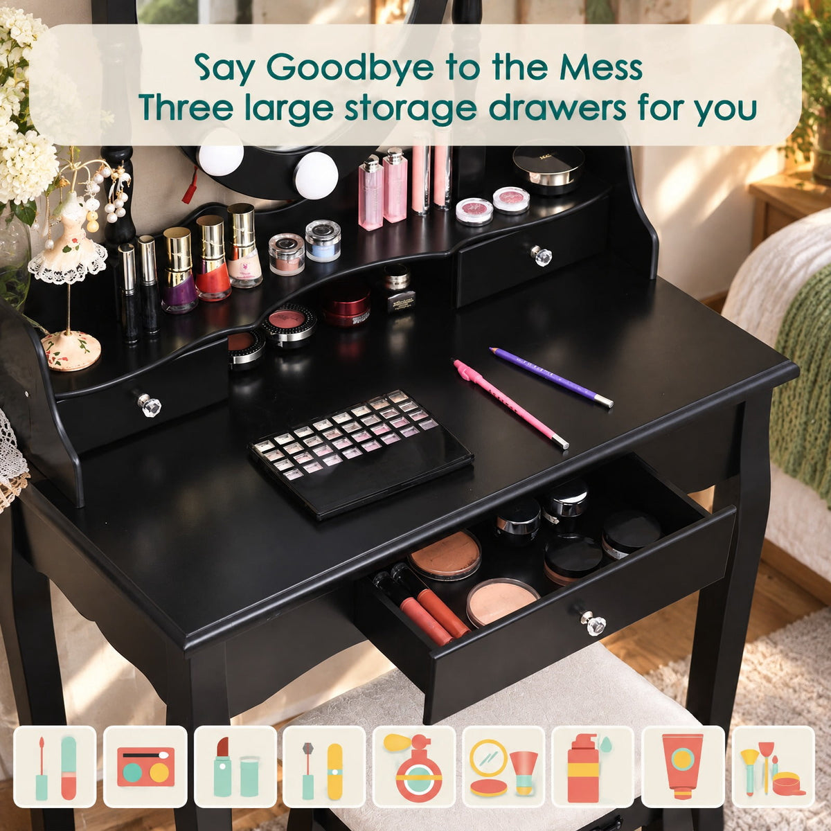 Airfind Oval Mirror Vanity Set with 10 LED Dimmable Bulbs and 3 Drawers, 287 lbs Capacity, MDF Pine Frame, Black