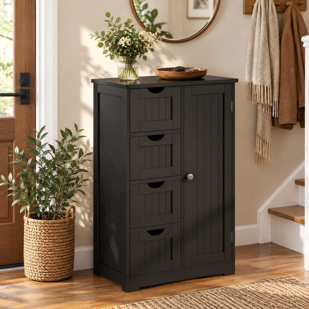 Airfind Standing Indoor Wooden Cabinet with 4 Drawers, 143 lbs Capacity, MDF Engineered Wood Frame, 21.5 Inch x 12 Inch x 32.5 Inch Footprint, Black