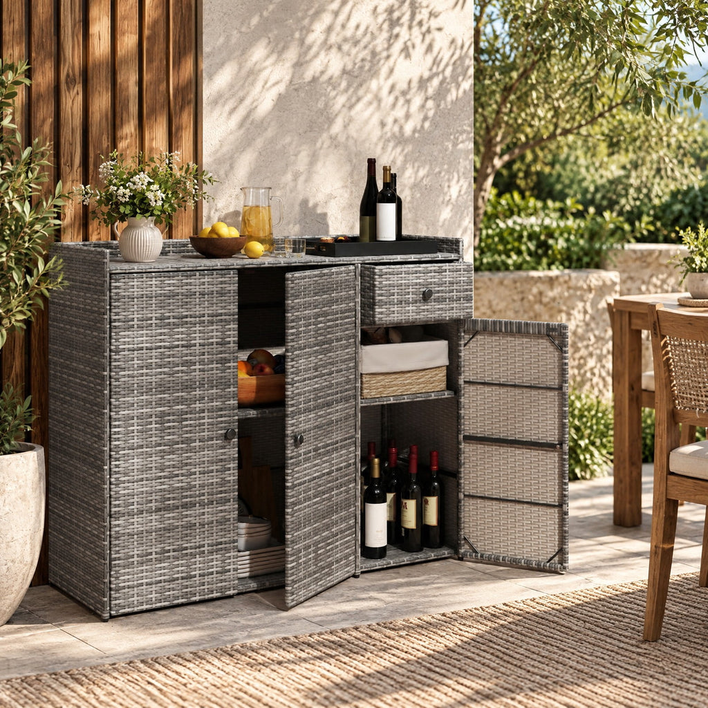 Airfind 3 Doors Outdoor PE Wicker Storage Cabinet for Deck, 110 lbs Capacity, PE Rattan Metal Frame, 48 x 17 x 40 Footprint, Gray