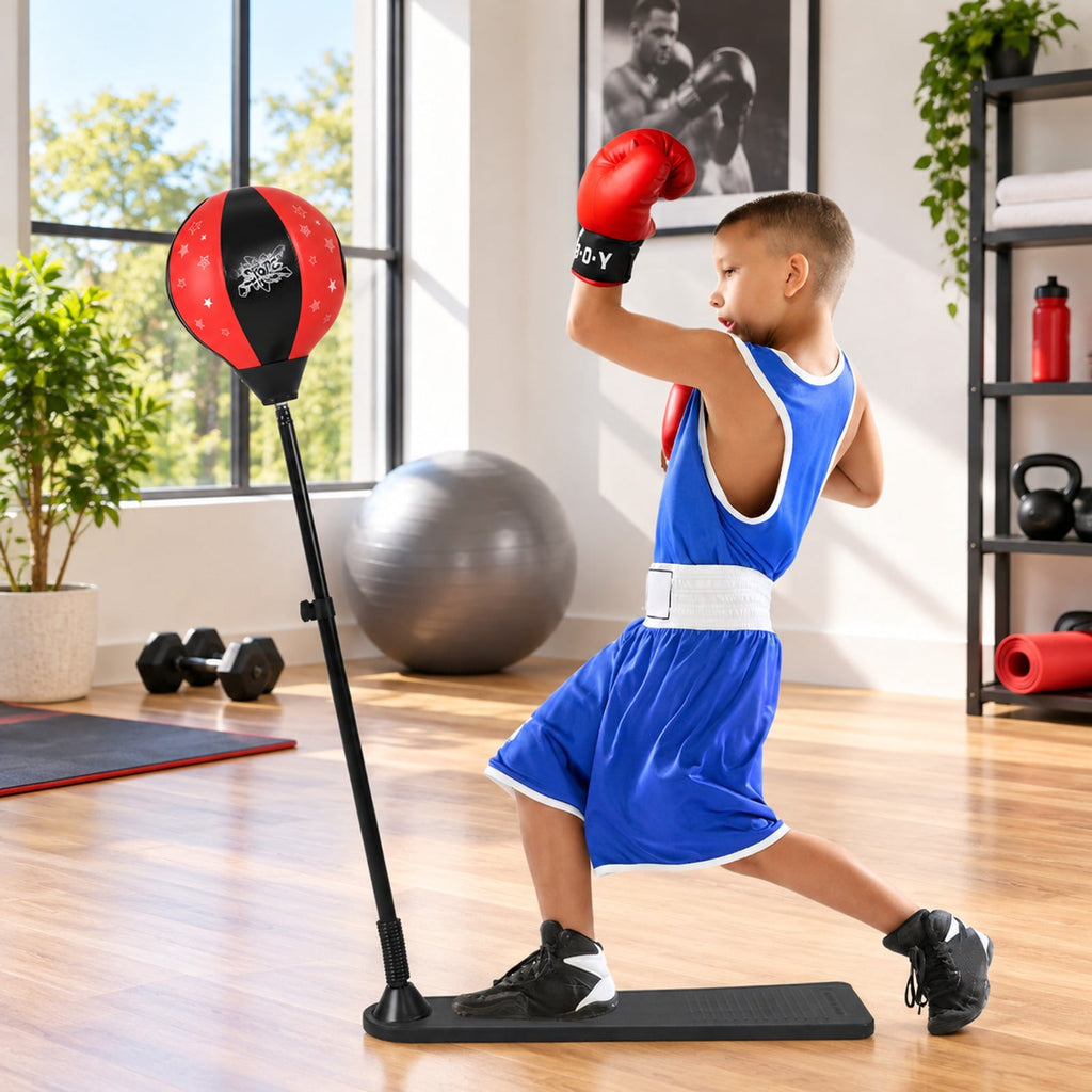 Airfind Kids Punching Bag with Adjustable Stand and Boxing Gloves, PE Frame, for 8+, Black red, Adjustable height 33.5- 61 Stand base