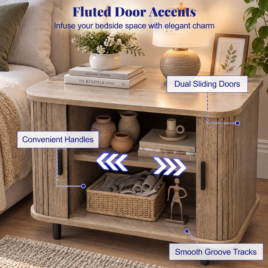 Airfind End Table Modern Mid Century Nightstand with Sliding Tambour Doors and Storage Shelf, 88 lbs Capacity, Engineered Wood MDF Metal Frame