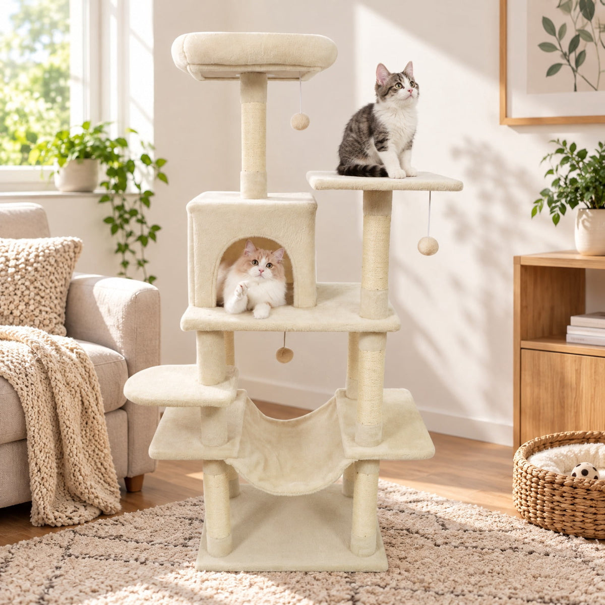 Airfind 58 Multi-Level Cat Tree Soft Plush Cat Tower with Padded Top Perch, PP Cotton Fabric Sisal Engineered Wood Overall Height 58 Base Frame
