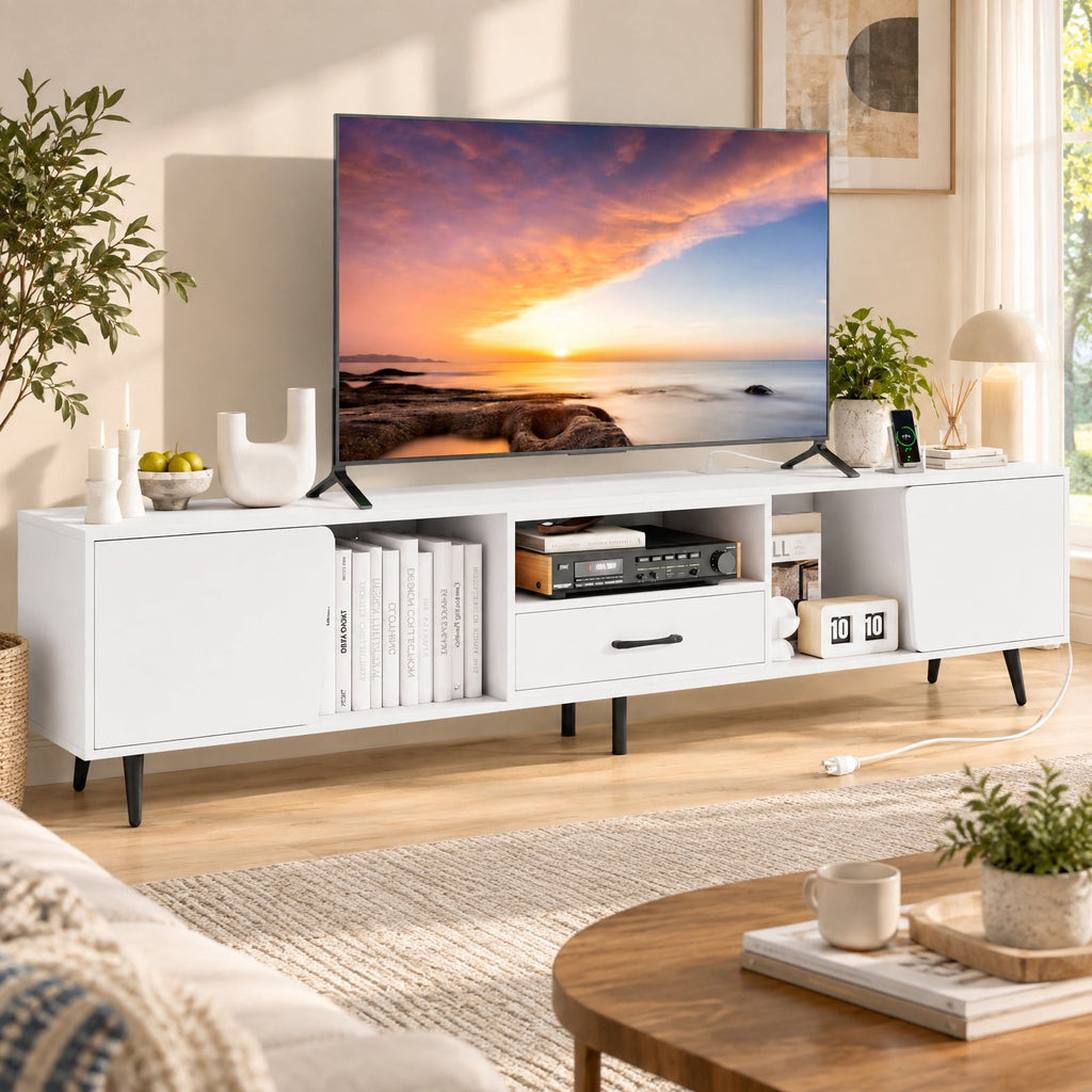 Airfind 79 Inch TV Stand for TVs up to 90 Inches Entertainment Center Wood Media Console Table Modern Mid Century TV Cabinet, 200 lbs Capacity, White