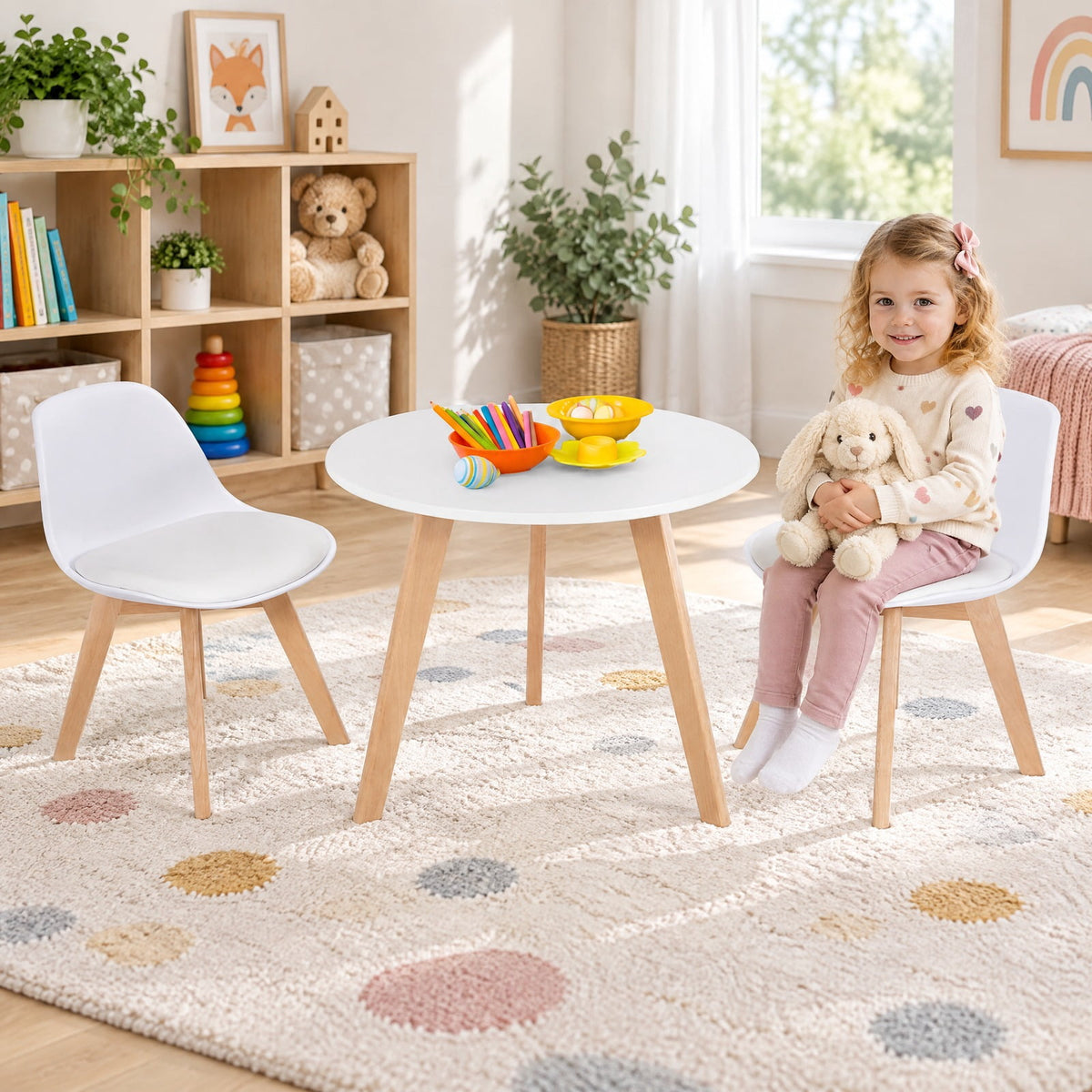 Airfind Modern Kids Activity Play Table and 2 Chairs Set with Beech Leg Cushion, 176 lbs Capacity, MDF beech wood PP Frame, 23.5 x 20 Footprint