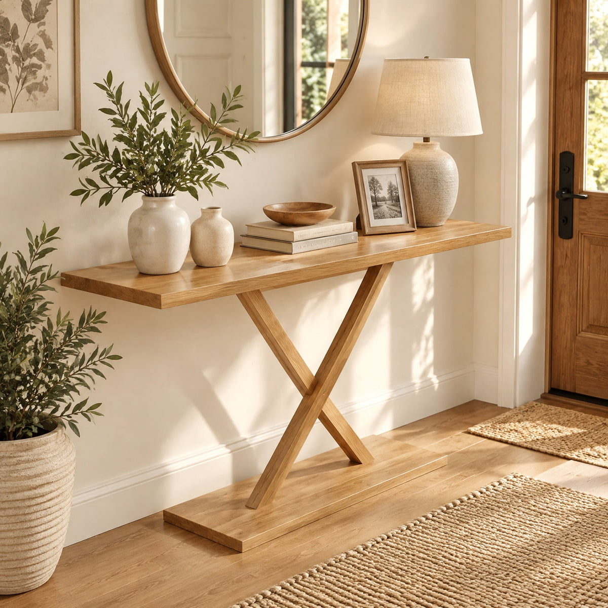 Airfind 57 Inch Solid Wood Console Table with Teak Wood Frame and Geometric Design, 110 lbs Capacity, Teak Wood Frame, 57 x 12 x 32 Footprint