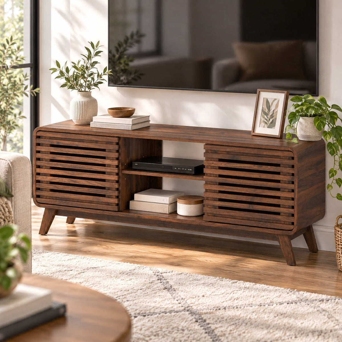 Airfind Mid Century Modern Entertainment Center with Grille-style Sliding Doors for Living Room, 100 lbs Capacity, MDF Engineered Wood Frame, Walnut