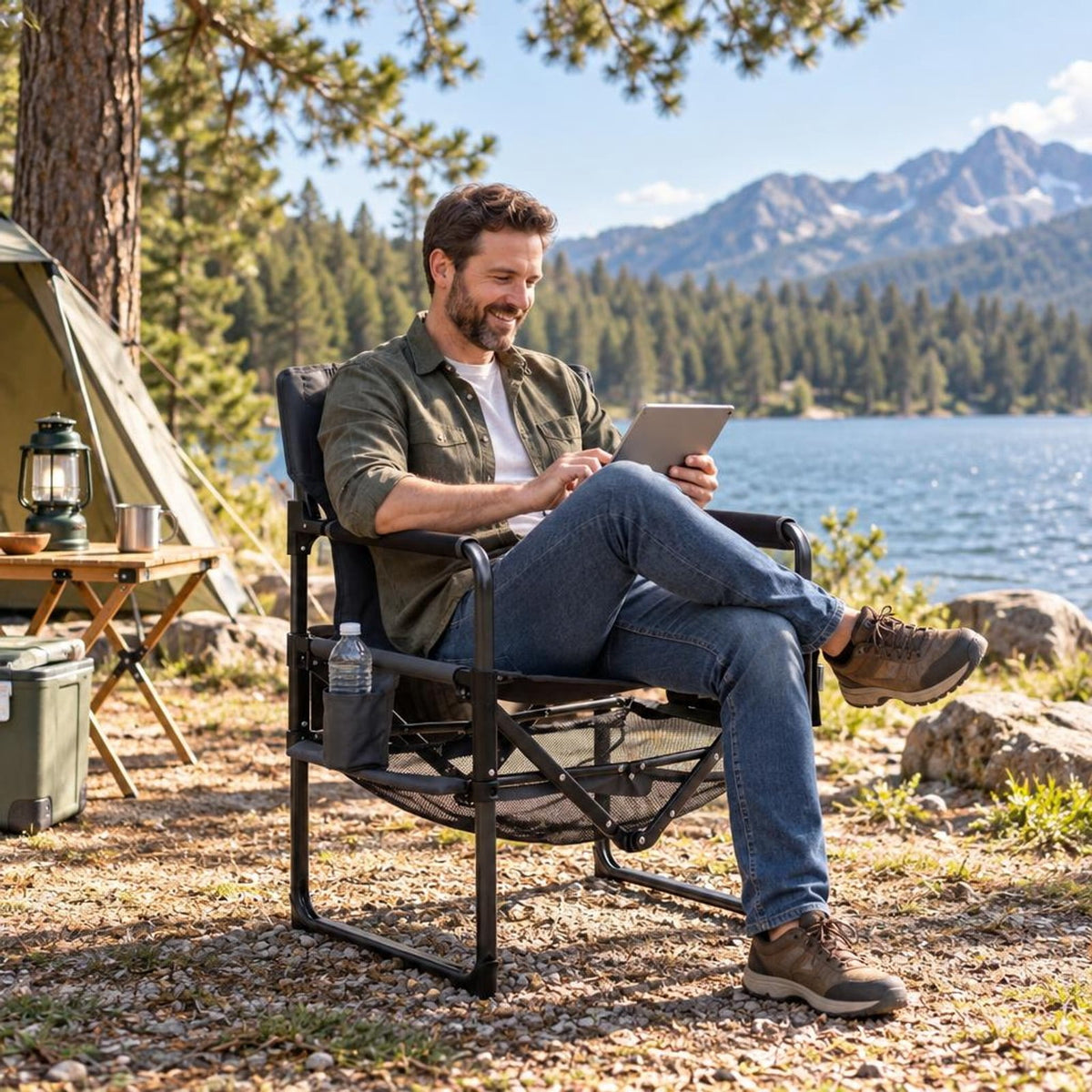 Airfind Heavy Duty Outdoor Camping Chair with Cup Holder and Side Pocket, 330 lbs Capacity, Metal Nylon Mesh PVC Fabric PP Frame, Black
