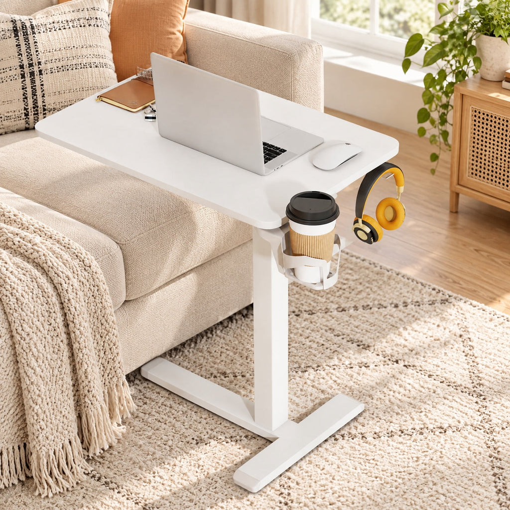 Airfind Mobile Standing Desk Height Adjustable Overbed Bedside Table with Cup Holder, 90 lbs Capacity, Engineered Wood Frame, White