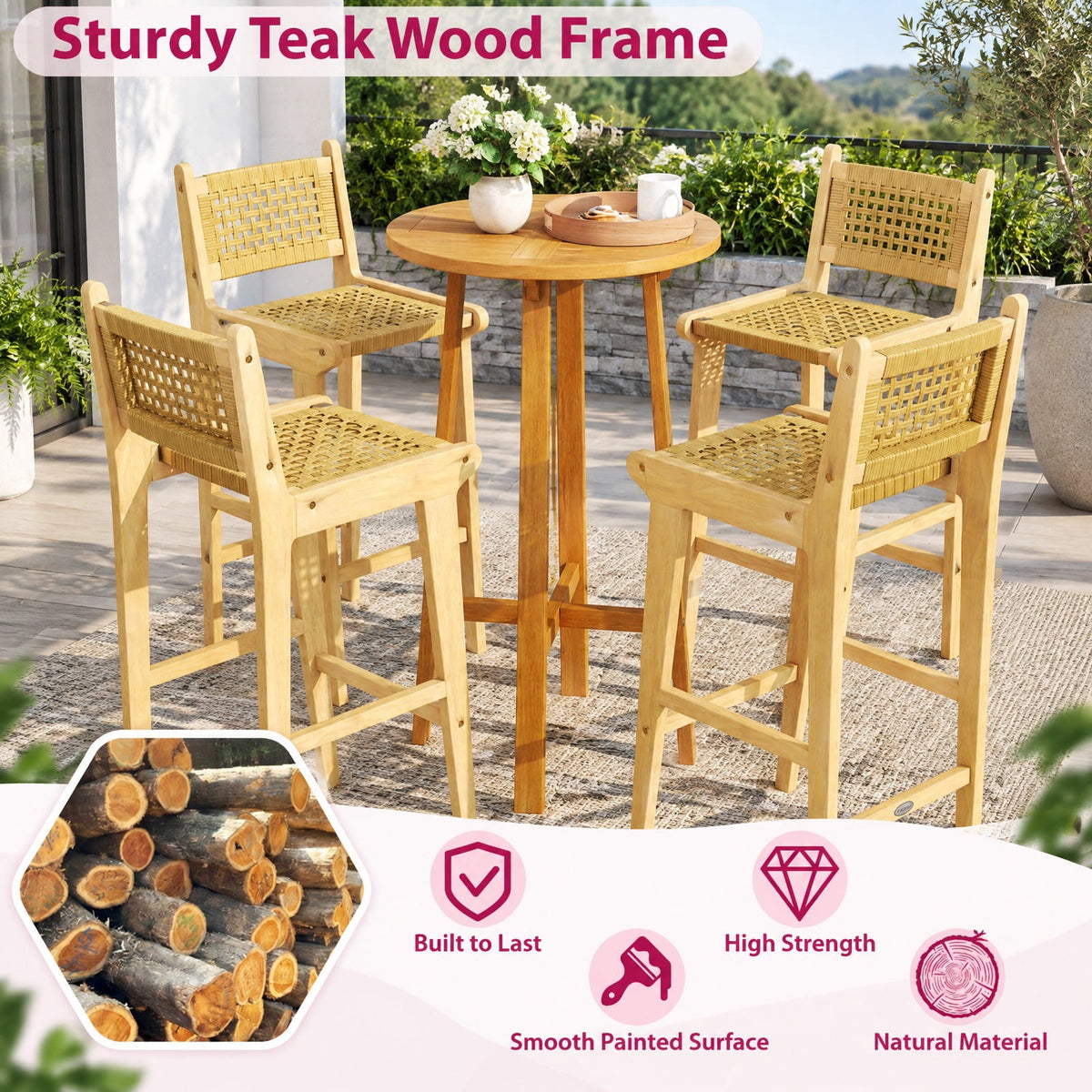 Airfind Patio Teak Wood Bar Stool with Rattan Backrest and Seat, Bar Stool 350 lbs Capacity, Teak Wood PE Rattan Frame, 16 x 19.5 x 40 Footprint