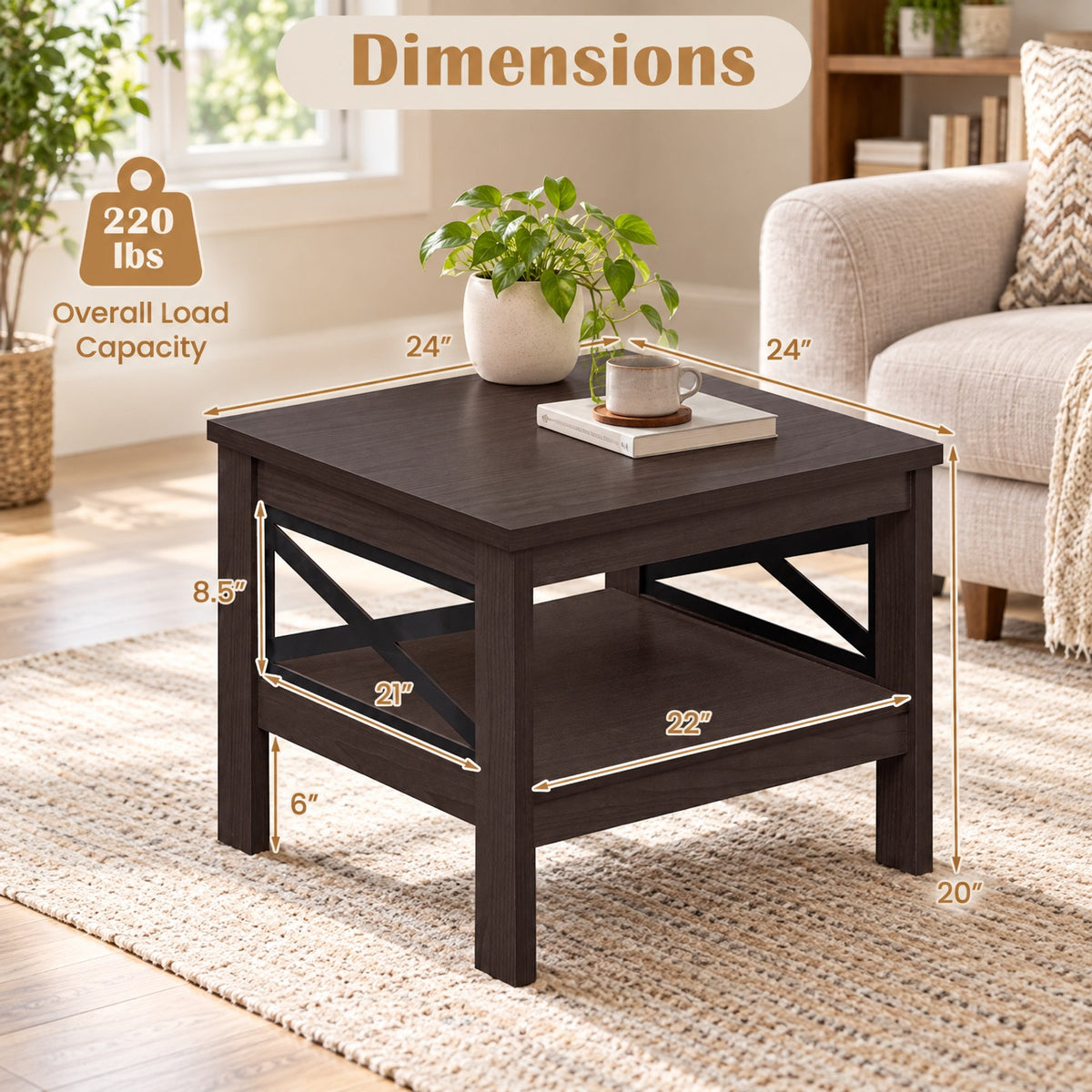 Airfind 2-Tier Square Side Table with Storage Shelf and X-Frame for Bedroom Living Room, 220 lbs Capacity, Engineered Wood MDF Frame, Brown