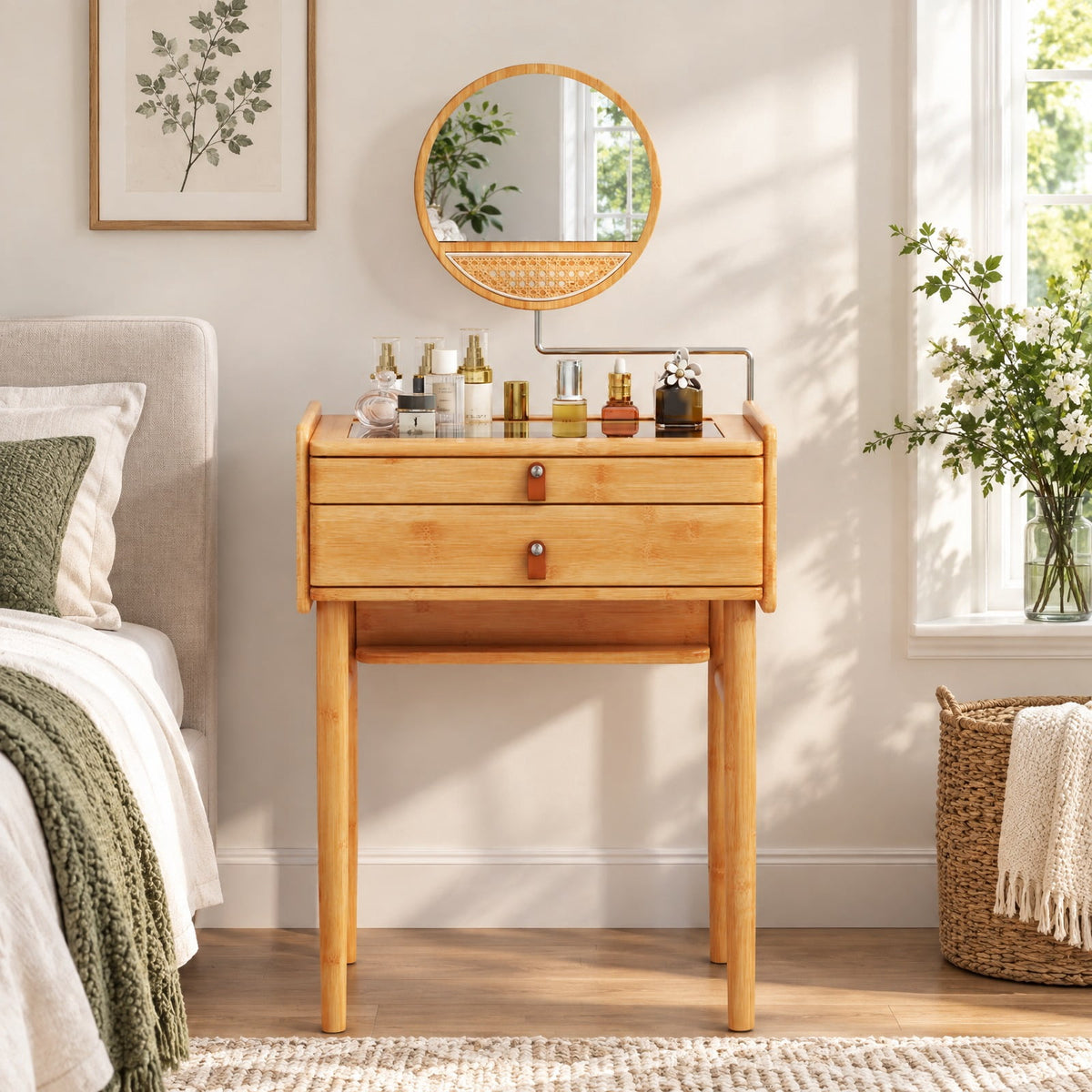 Airfind Bamboo Makeup Vanity Table with Mirror with 2 Storage Drawers, 22 lbs Capacity, Bamboo Glass Stainless Steel Frame, Natural