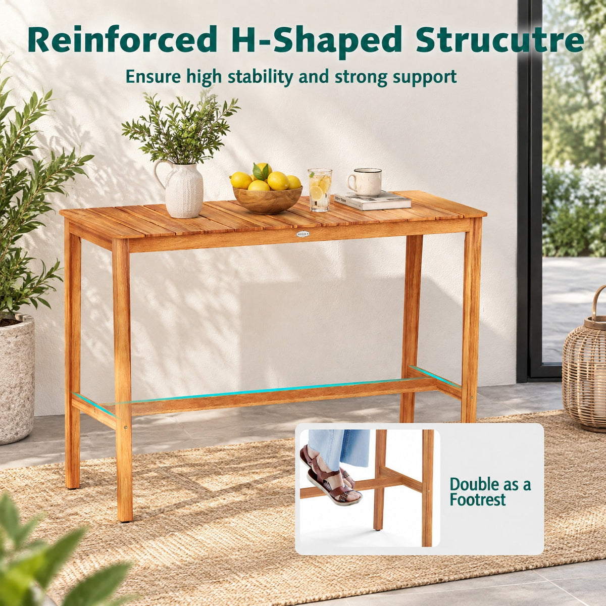 AIRFIND Counter Height Patio Table with Acacia Wood Slatted Top and Footrest Crossbar, Outdoor Bar Table with Reinforced Supports, Natural