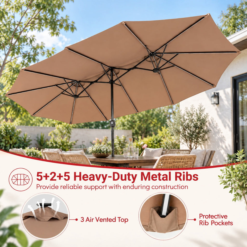 Airfind 15.5FT Extra-Large Patio Umbrella with Base 12 Reinforced Ribs, 180G Polyester Fabric Metal External Frame, Brown