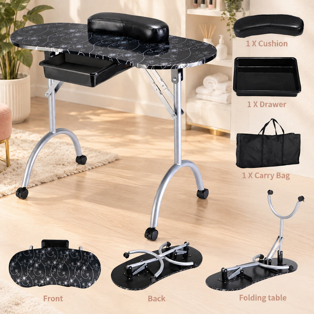 Airfind Foldable Portable Manicure Table with Drawer Casters and Cushion, MDF Metal Frame, 35.5 x 14.5 x 27 Footprint, Black