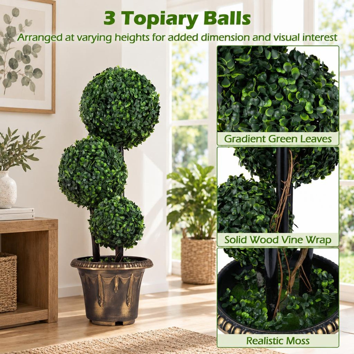 Airfind 29 Inches Artificial Boxwood Topiary Tree Triple Ball Shrubs, PE Metal Solid Wood Cement PP Tree Height 29 Inch/35 Inch Pot, Black