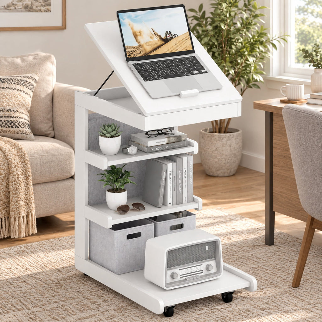 Airfind C-shaped End Table with Wheels and Adjustable Desktop for Sofa Couch Bedside, 210 lbs Capacity, Rubber Wood MDF Engineered Wood Fabric Frame