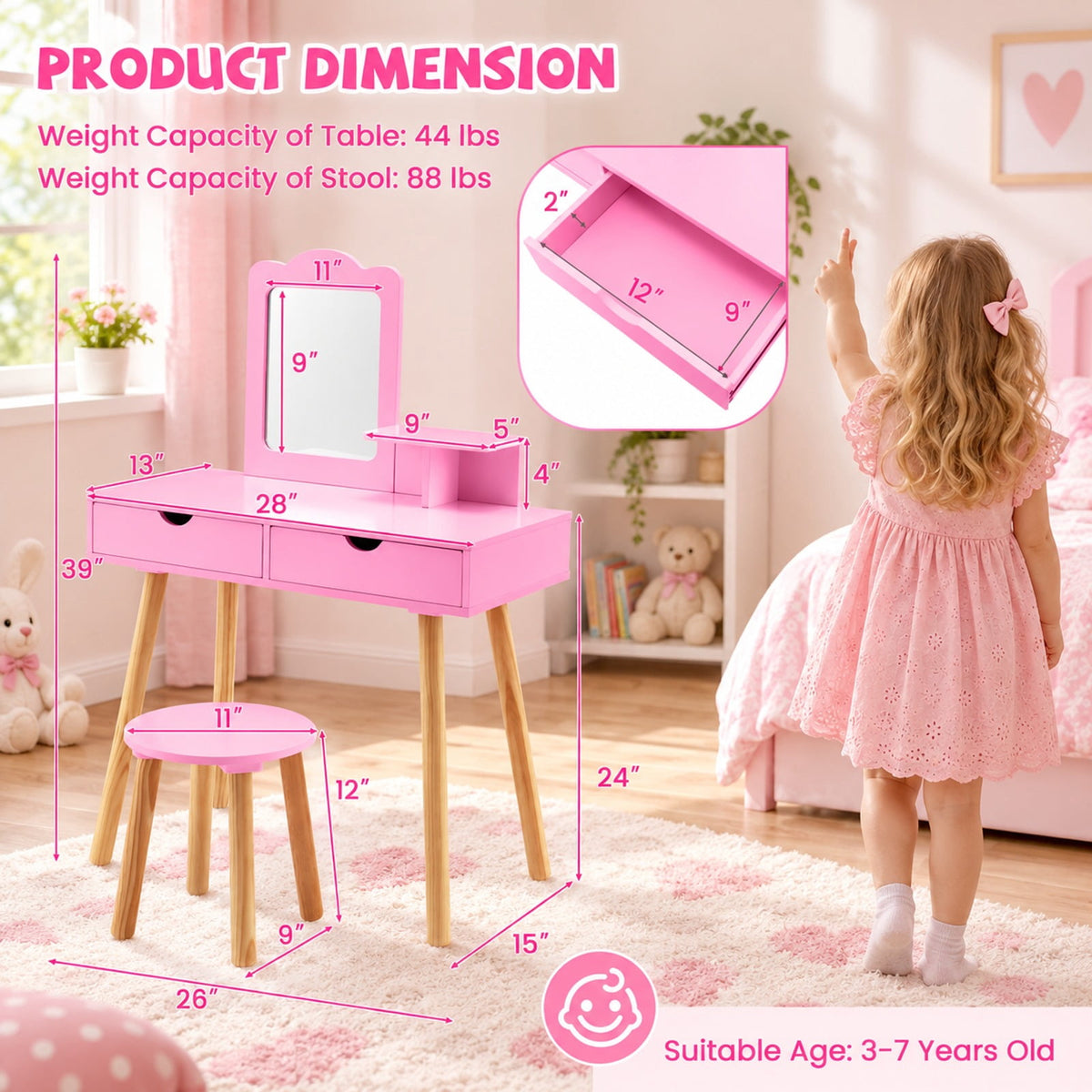 Airfind Kid Vanity Table Chair Set with Mirror and 2 Large Storage Drawers, 44 lbs Capacity, Pine wood MDF Frame, 28in x 13in x 39in Footprint, Pink