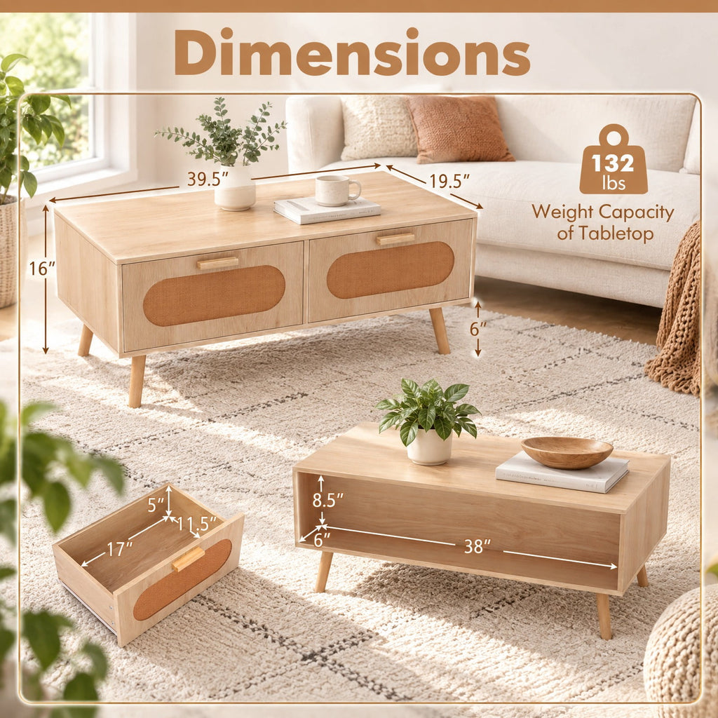 Airfind Rattan Coffee Table Mid Century Modern Center Table with 2 Storage Drawers, 132 lbs Capacity, Natural