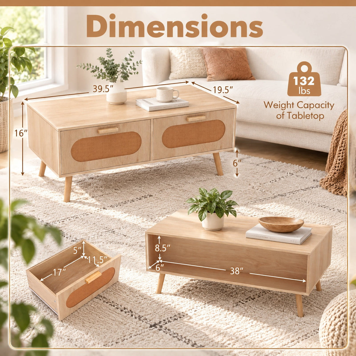 Airfind Rattan Coffee Table Mid Century Modern Center Table with 2 Storage Drawers, 132 lbs Capacity, Natural