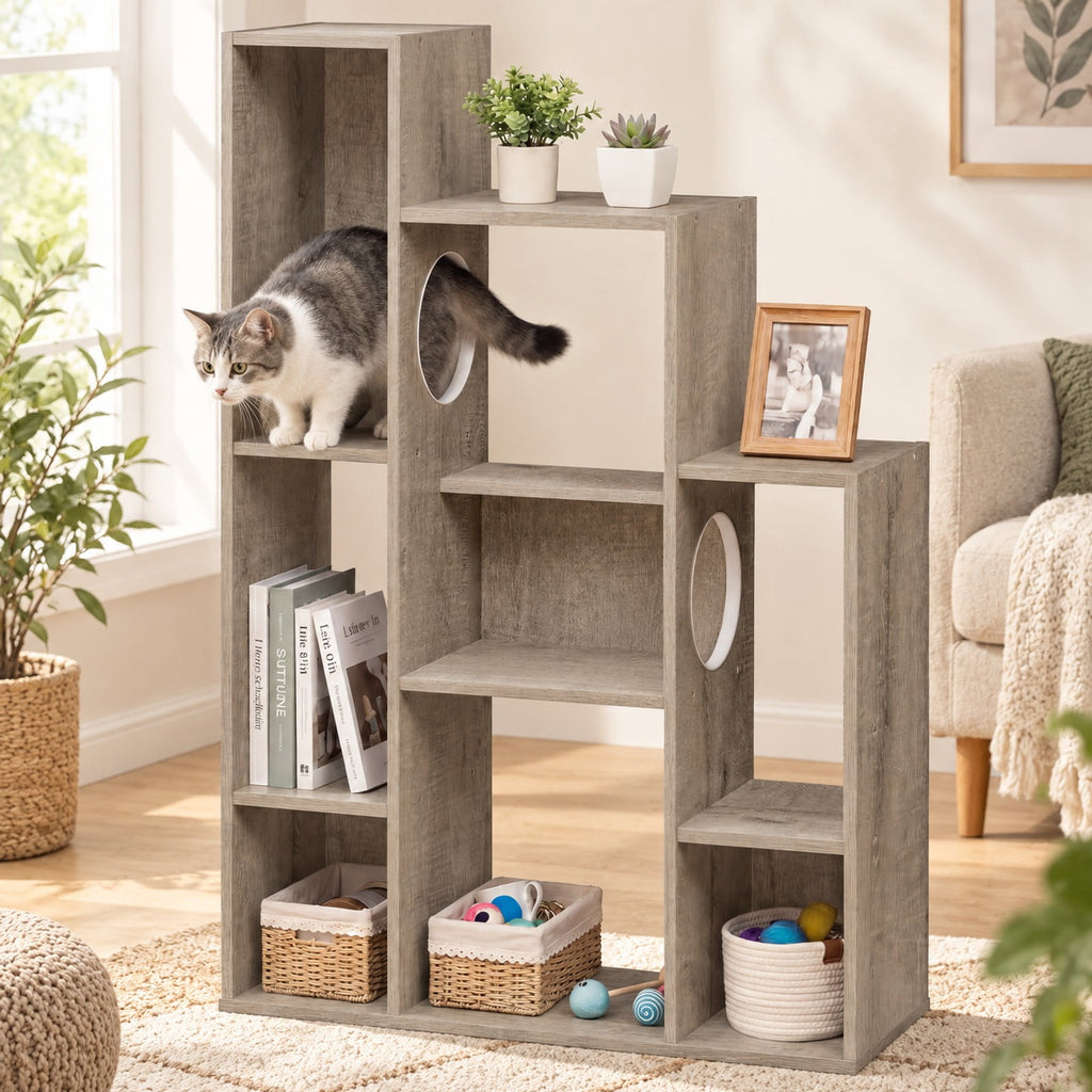 Airfind Modern Cat Bookshelf Cat Tree 8-Section Storage Cabinet with 2 Round Holes, 22 lbs Capacity, Engineered Wood Frame, Gray