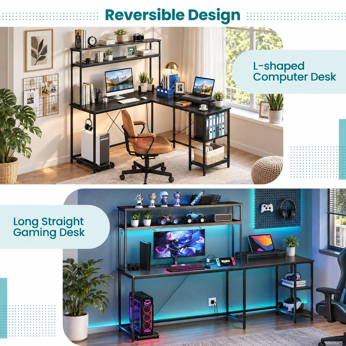 Airfind L-Shaped Reversible Gaming Desk with LED Strip and Power Outlets Hutch Monitor Stand, 310 lbs Capacity, Engineered Wood Metal Frame, Black