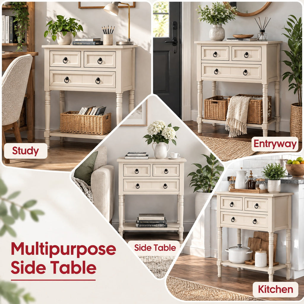 Airfind Narrow Console Table with 3 Storage Drawers and Open Bottom Shelf, 154 lbs Capacity, MDF Rubber wood Acacia Wood Frame, Beige