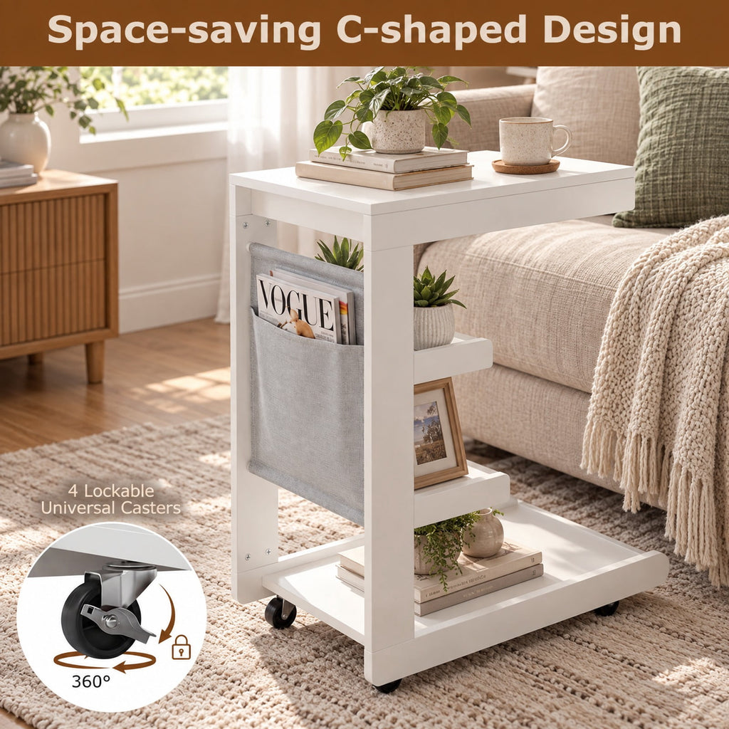 Airfind C-shaped End Table with Wheels and Adjustable Desktop for Sofa Couch Bedside, 210 lbs Capacity, Rubber Wood MDF Engineered Wood Fabric Frame