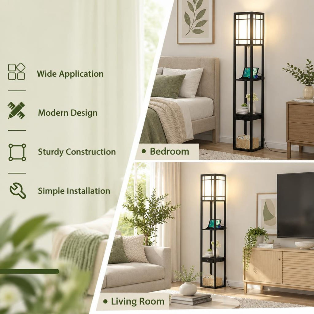 Airfind Modern Floor Lamp with Shelves and Drawer, MDF plastic Frame, 10 x 10 x 63 Footprint, Black