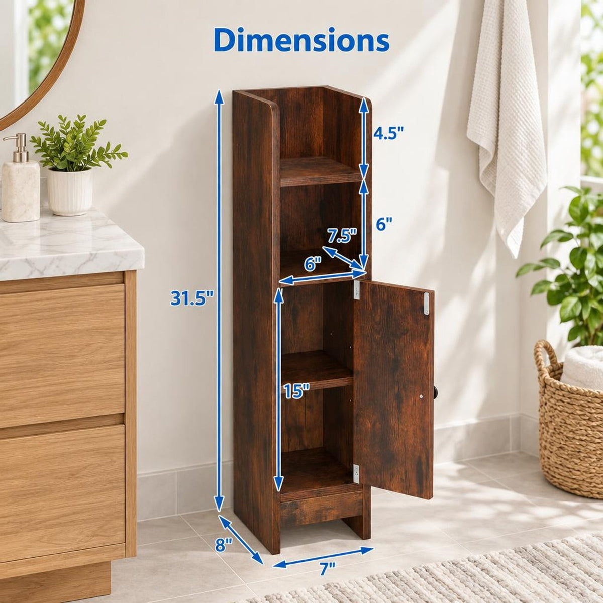 Airfind Bathroom Slim Cabinet Corner with Door and Adjustable Shelf, 44 lbs Capacity, Engineered Wood Frame, Brown