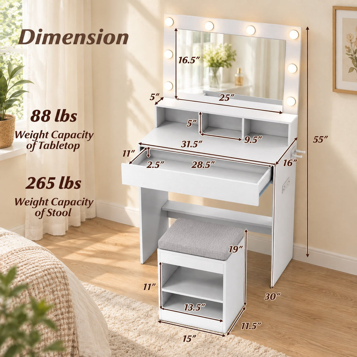 Airfind 31.5 Inches Vanity Desk with 3 Lighting Modes and Storage Shelves, 88 lbs Capacity, Engineered Wood Frame, 31.5 Inch x 16 Inch x 55 Inch Footprint