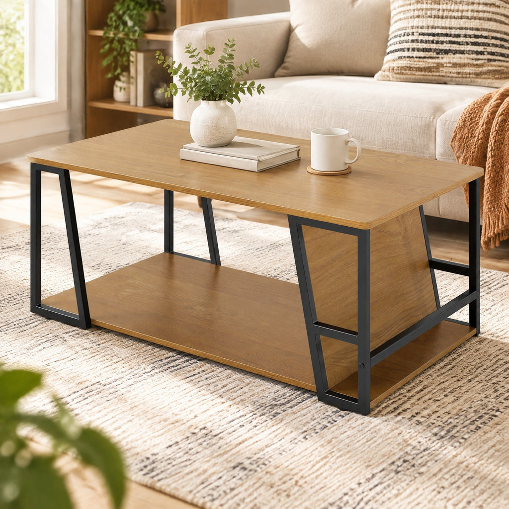 Airfind Rectangle Coffee Table 2-tier Industrial Accent Table with Storage Shelf and Compartment, 176 lbs Capacity, Engineered Wood Metal Frame