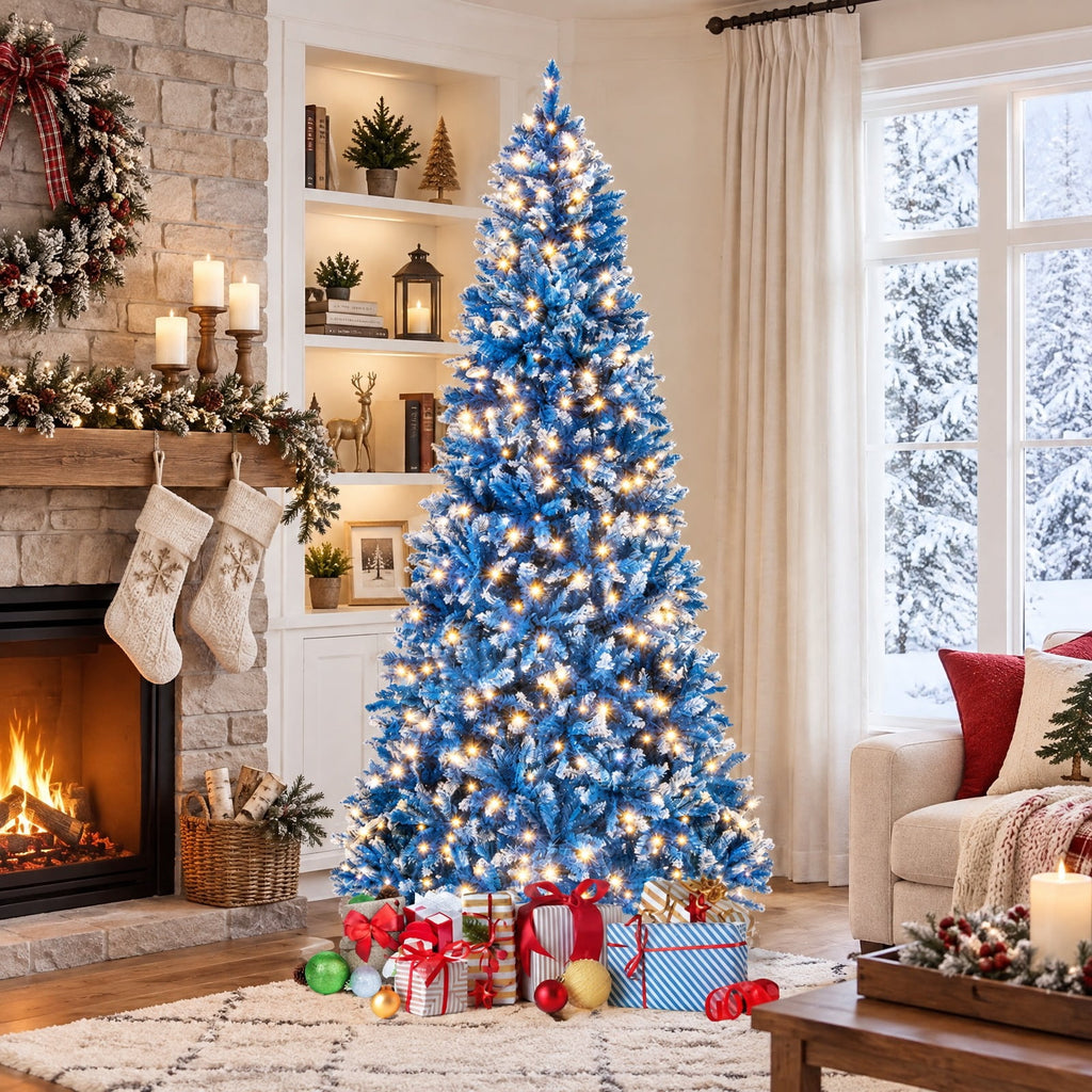 Airfind 6/7/8/9 FT Artificial Christmas Tree with 767 Snowy Branch Tips-8 FT, PVC Metal Frame, 3.1 x 6 ft Footprint, Blue