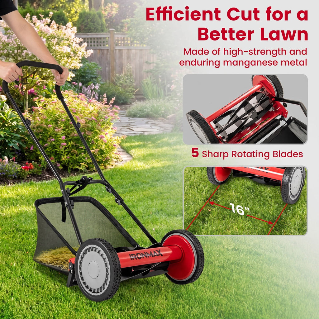 Airfind 16 Inch Push Lawn Mower with 5 Steel Blades and Grass Catcher Bag, Manganese Steel Metal PVC PP Frame, Red