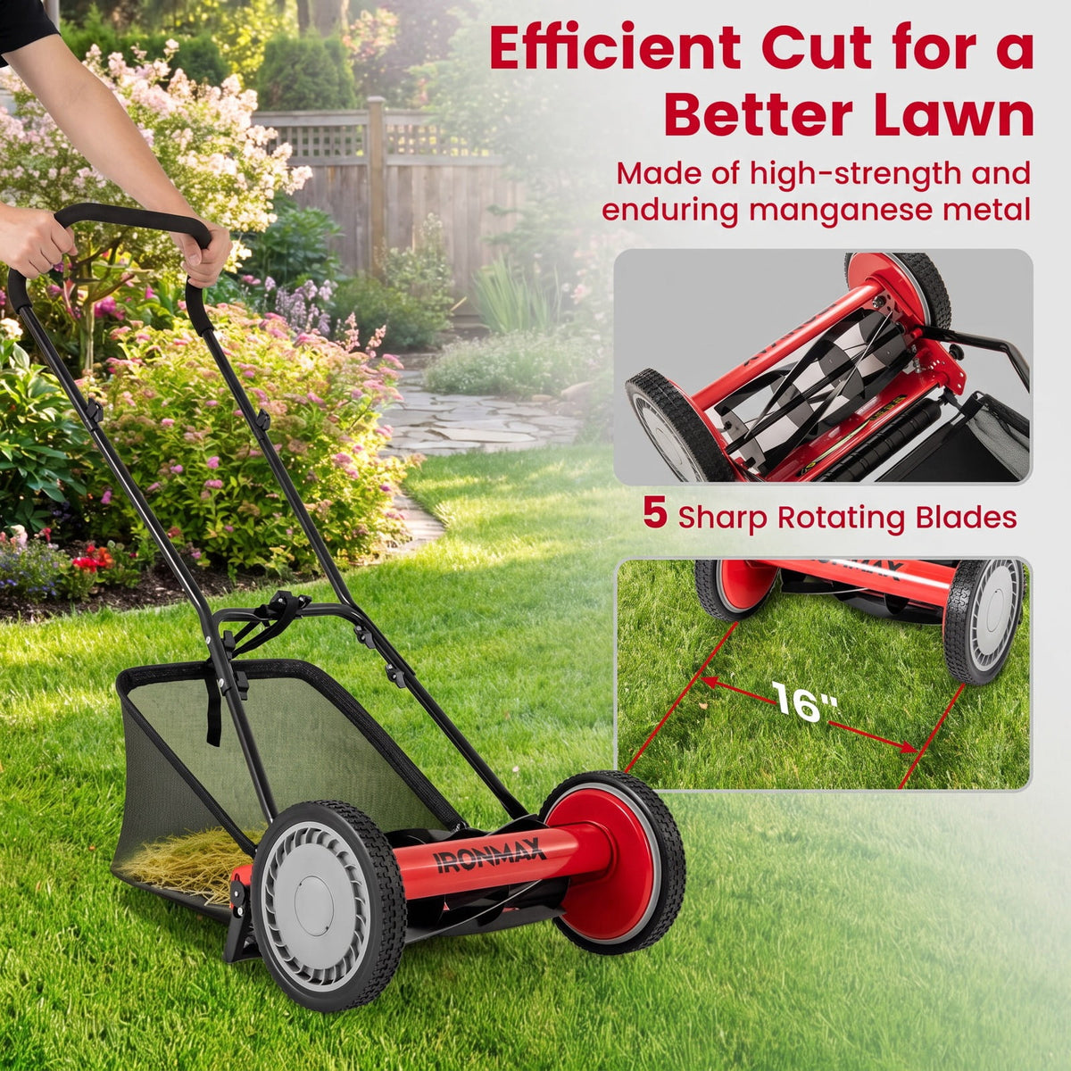 Airfind 16 Inch Push Lawn Mower with 5 Steel Blades and Grass Catcher Bag, Manganese Steel Metal PVC PP Frame, Red